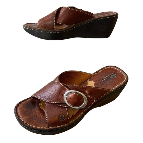 Born Sandals Womens Brown Leather Buckle Slip-On Wedge Shoes Size 7 - Picture 3 of 10